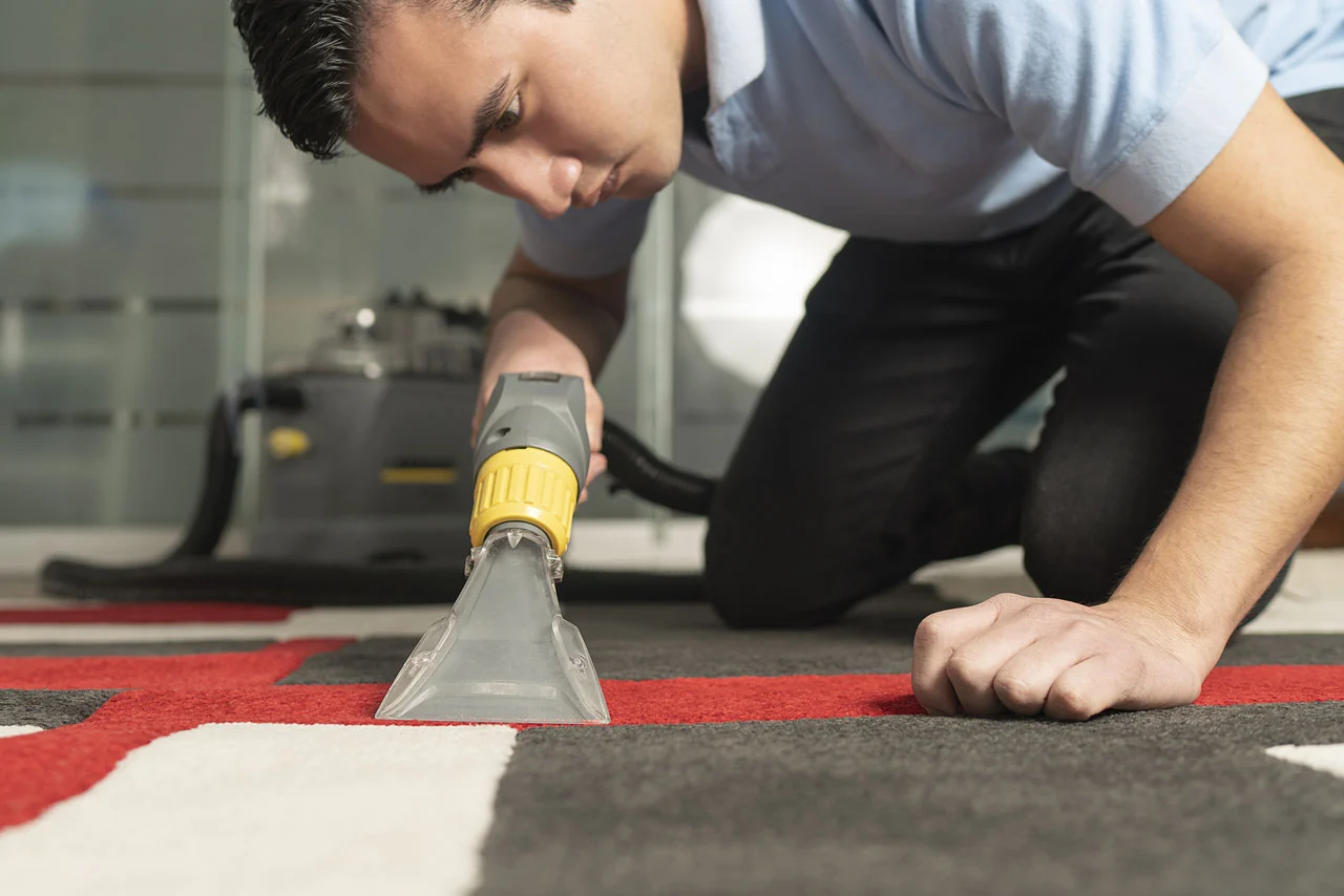 Professional carpet cleaner using specialized equipment to deep clean carpets.